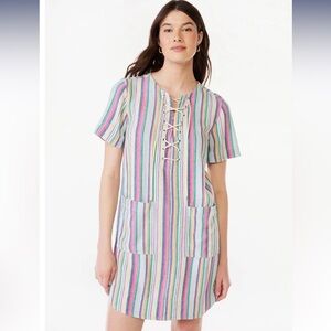 Free Assembly Women's Lace Up Shift Dress Linen Blend Multicolor Stripe Size S